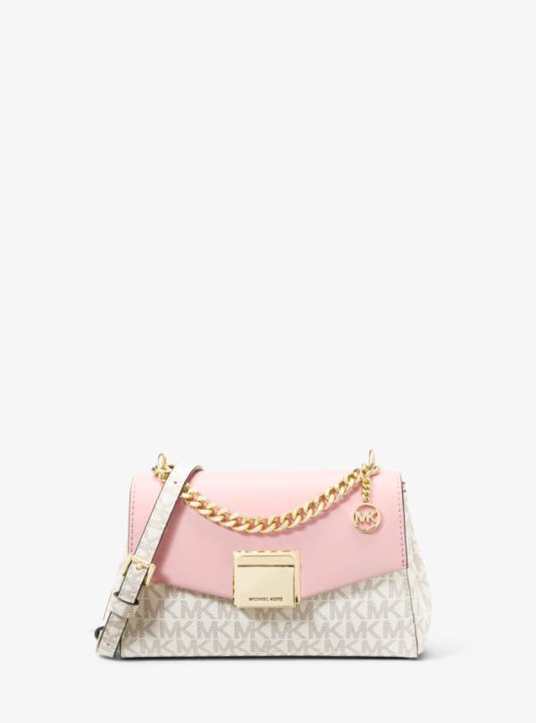Damske Spojková Taška Michael Kors Lita Small Two-Tone Logo and Leather Ruzove Biele - Kabelky Michael Kors Obchod | YEKPD-4692